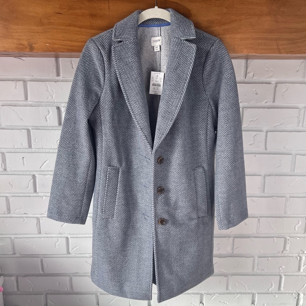 J. Crew Factory Herringbone Notch Lapel Topcoat, Hazy Chevron Navy Ivor, 0P NWT